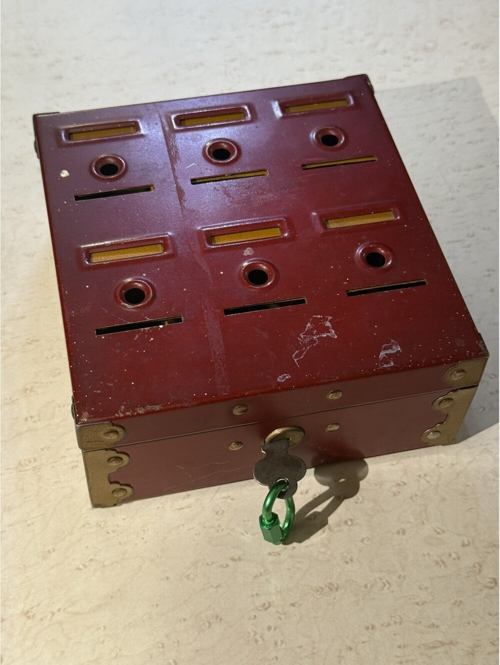 Vintage Tudor Metal Products Home Budget Bank Red Metal w/ Key 1940s-1950s